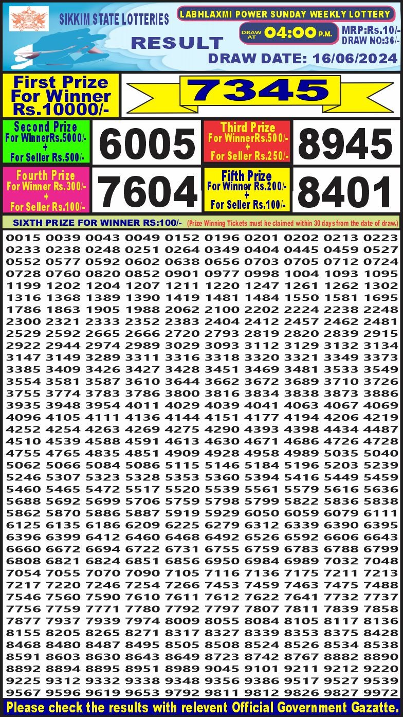 Lottery Result Today June 16, 2024