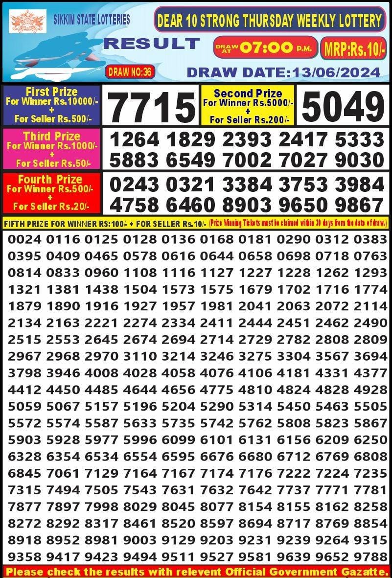 Lottery Result Today June 13, 2024