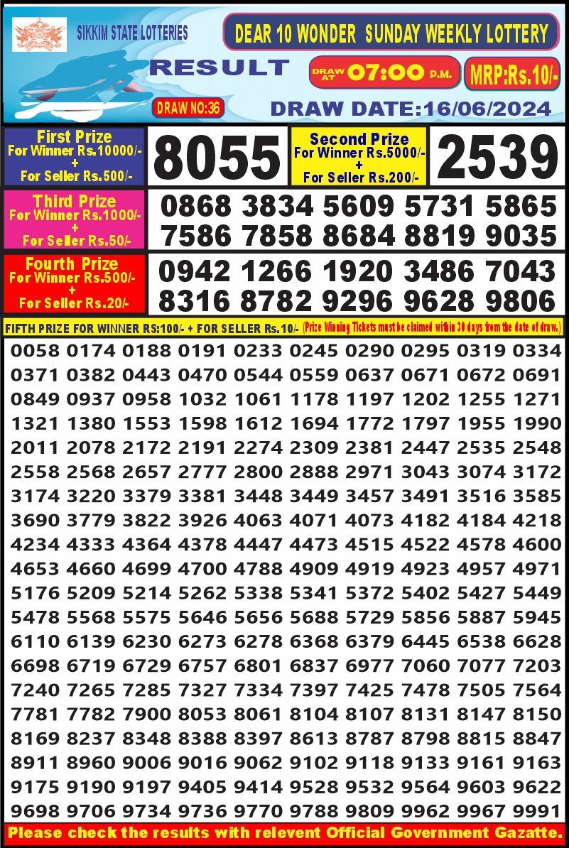 Lottery Result Today June 16, 2024