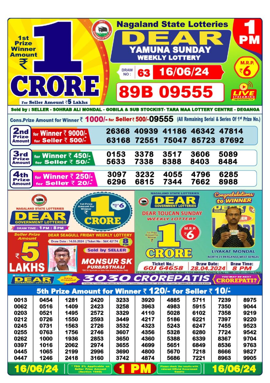 Lottery Result Today June 16, 2024