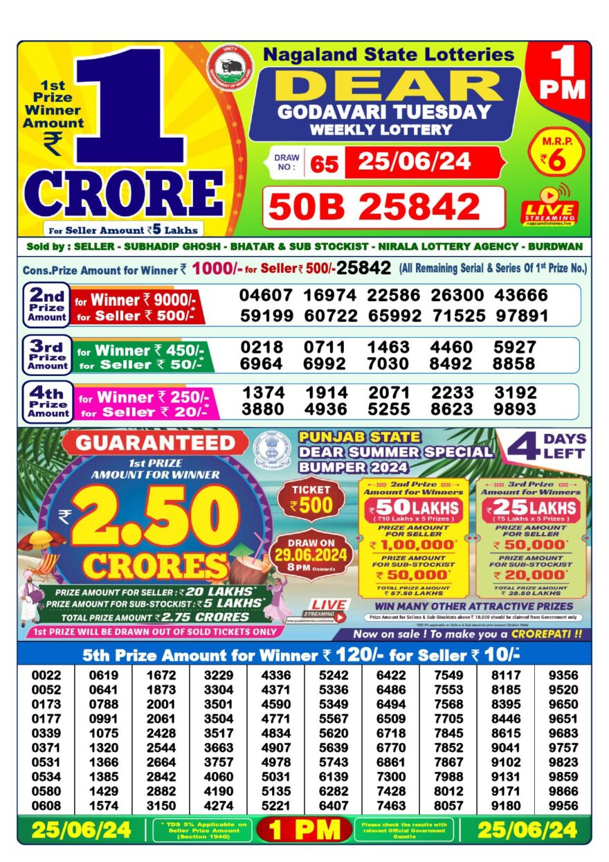 Lottery Result Today June 25, 2024