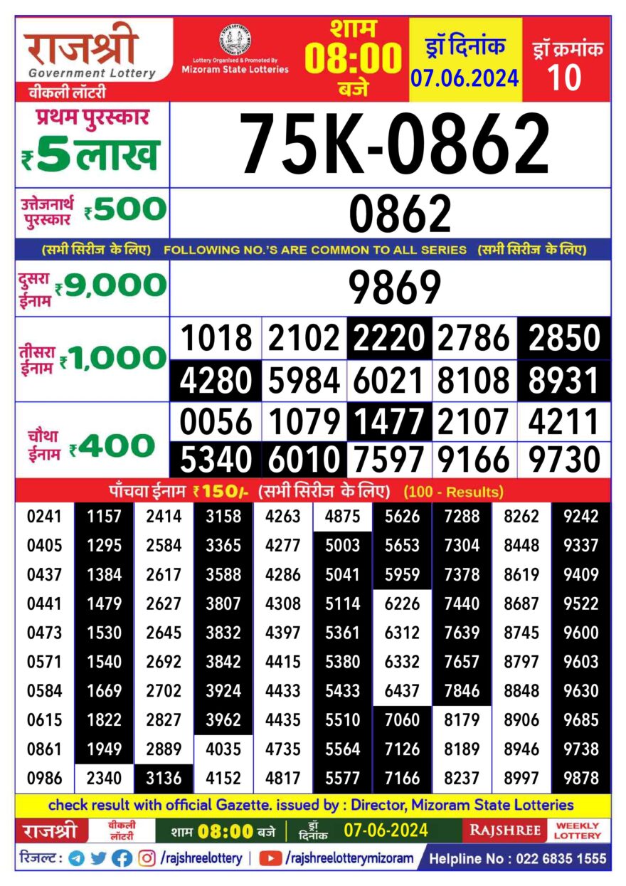 Lottery Result Today June 7, 2024