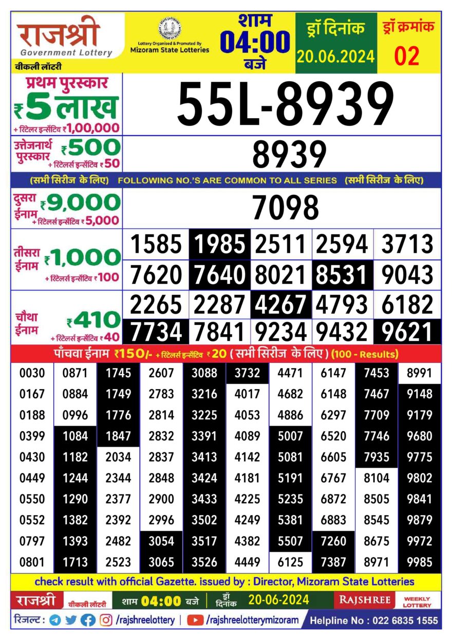 Lottery Result Today June 20, 2024