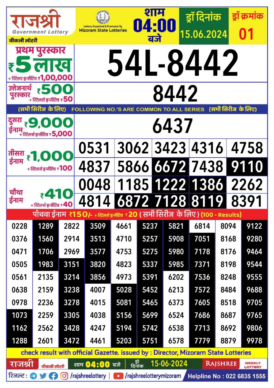 Lottery Result Today June 15, 2024