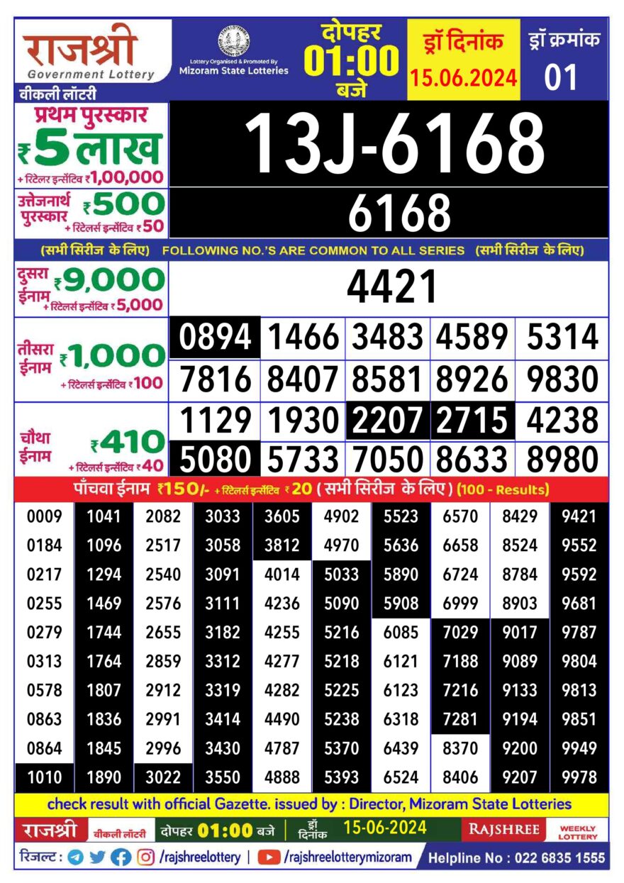 Lottery Result Today June 15, 2024