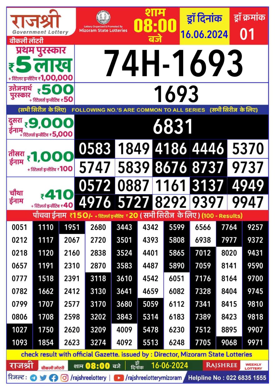 Lottery Result Today June 16, 2024