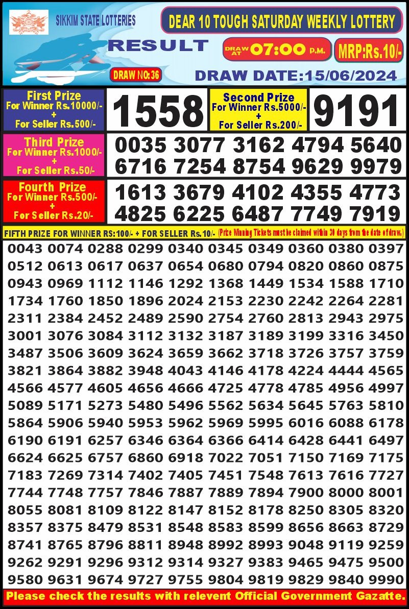 Lottery Result Today June 15, 2024