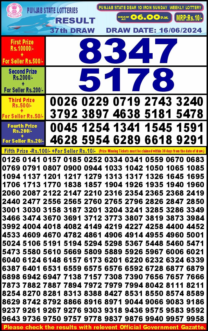 Lottery Result Today June 16, 2024