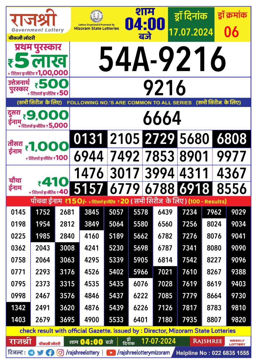 Lottery Result Today July 17, 2024