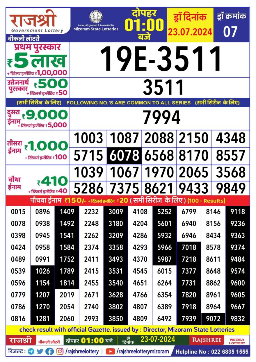 Lottery Result Today July 23, 2024