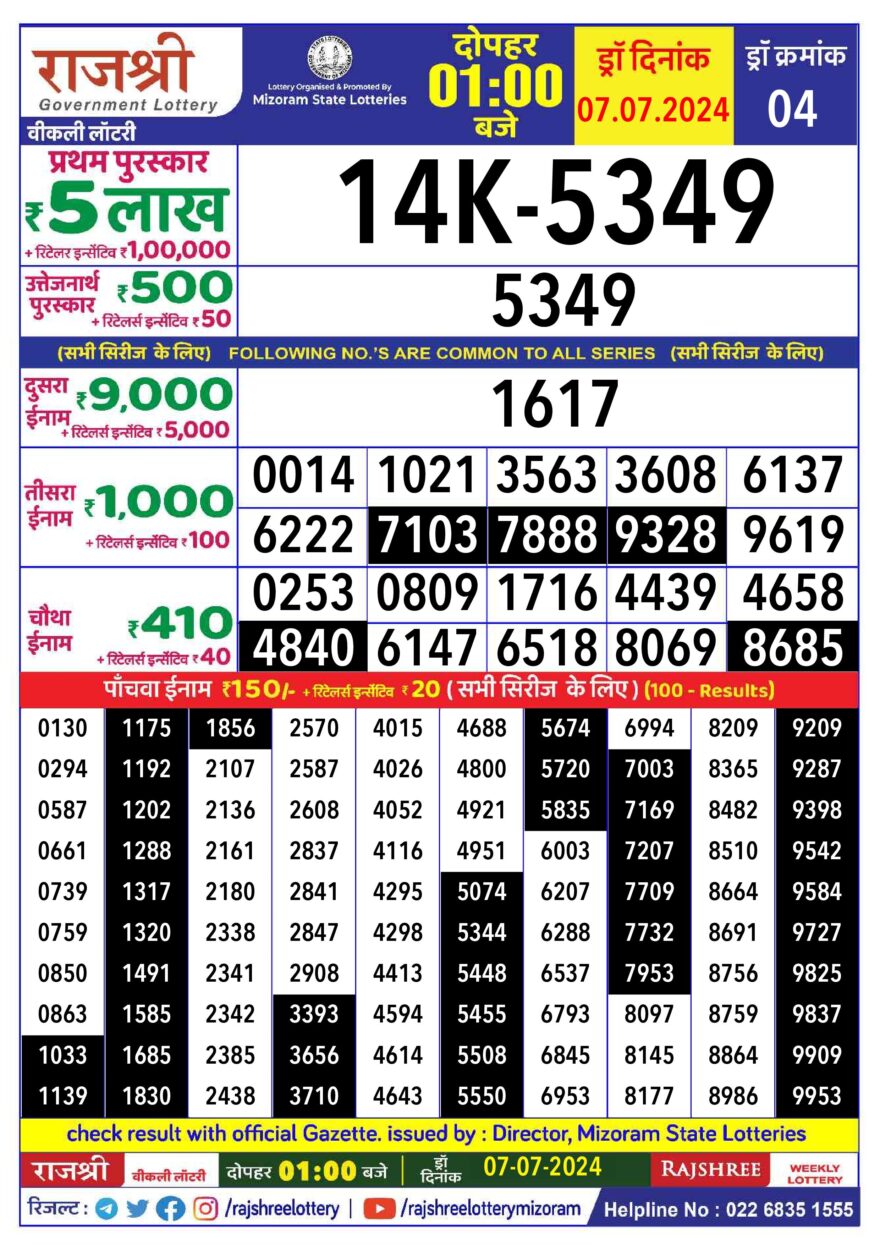 Lottery Result Today July 7, 2024