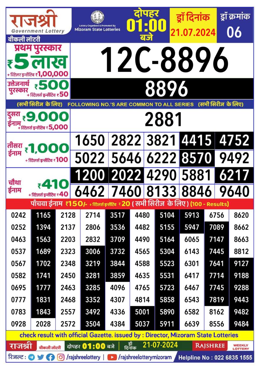 Lottery Result Today July 21, 2024