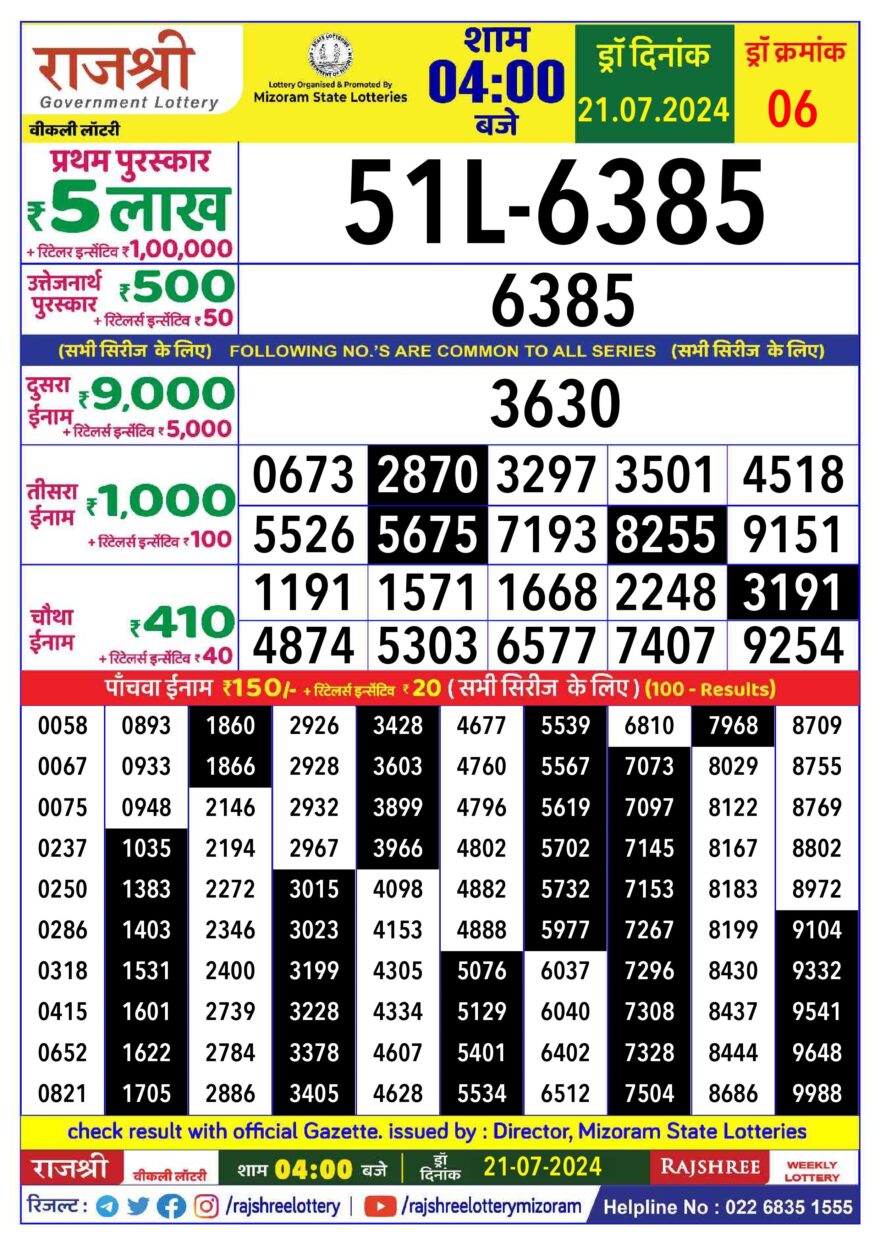 Lottery Result Today July 21, 2024