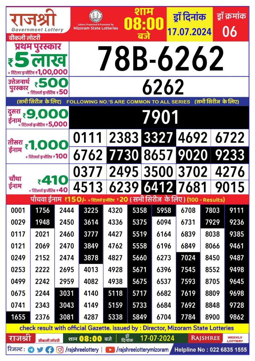 Lottery Result Today July 17, 2024