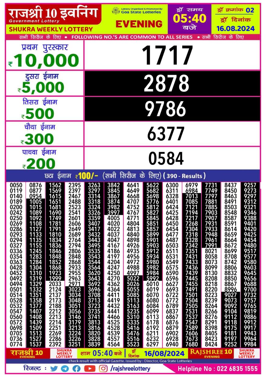 Lottery Result Today August 16, 2024