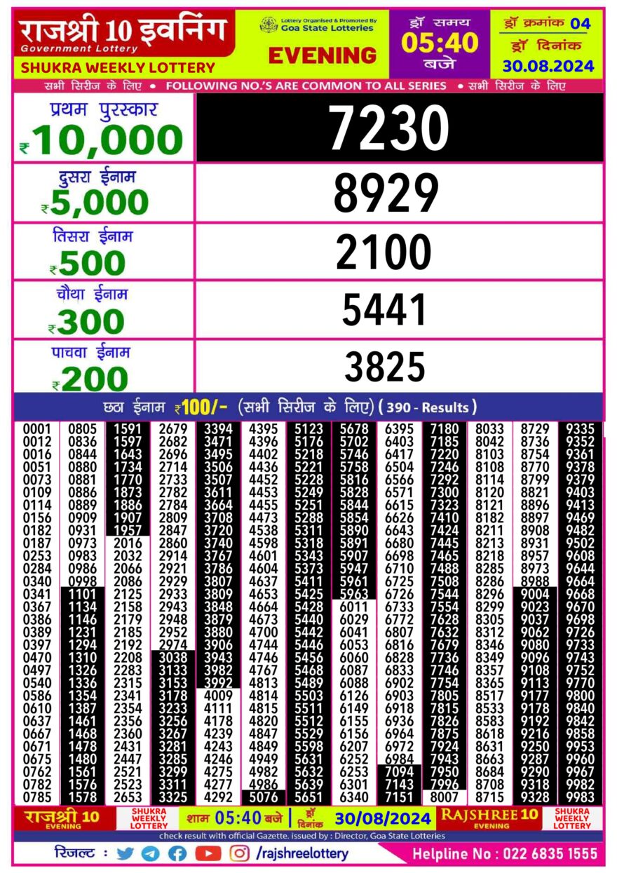 Lottery Result Today August 30, 2024