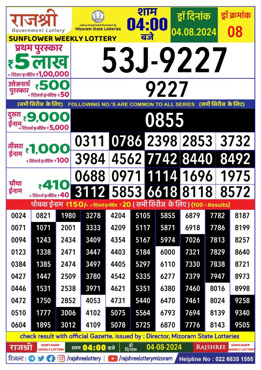 Lottery Result Today August 4, 2024