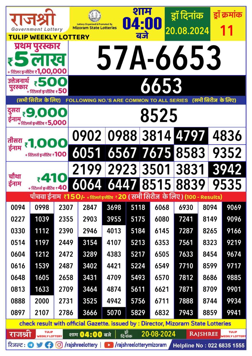 Lottery Result Today August 20, 2024