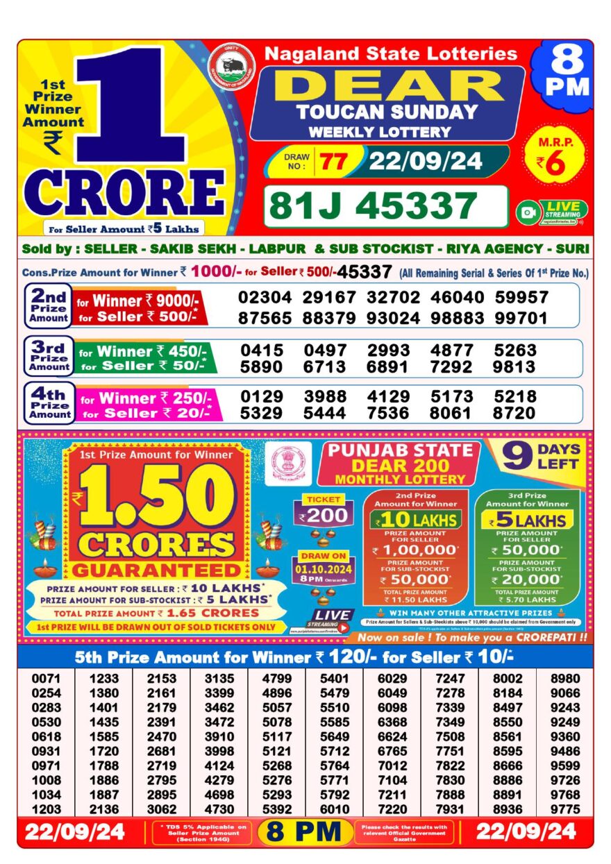 Lottery Result Today September 22, 2024