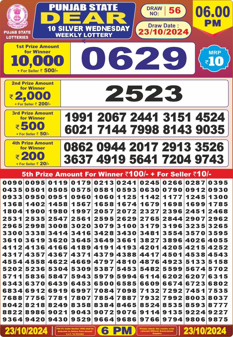 Lottery Result Today October 23, 2024