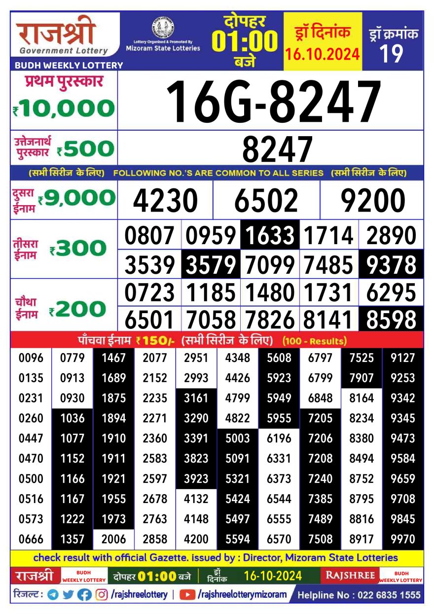 Lottery Result Today October 16, 2024