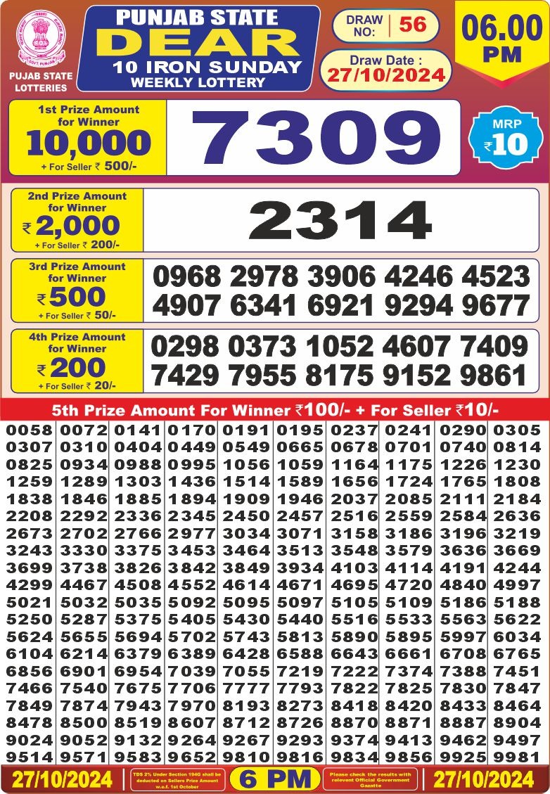 Lottery Result Today October 27, 2024