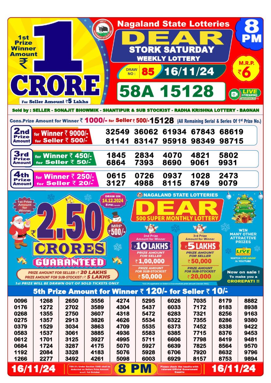 Lottery Result Today November 16, 2024