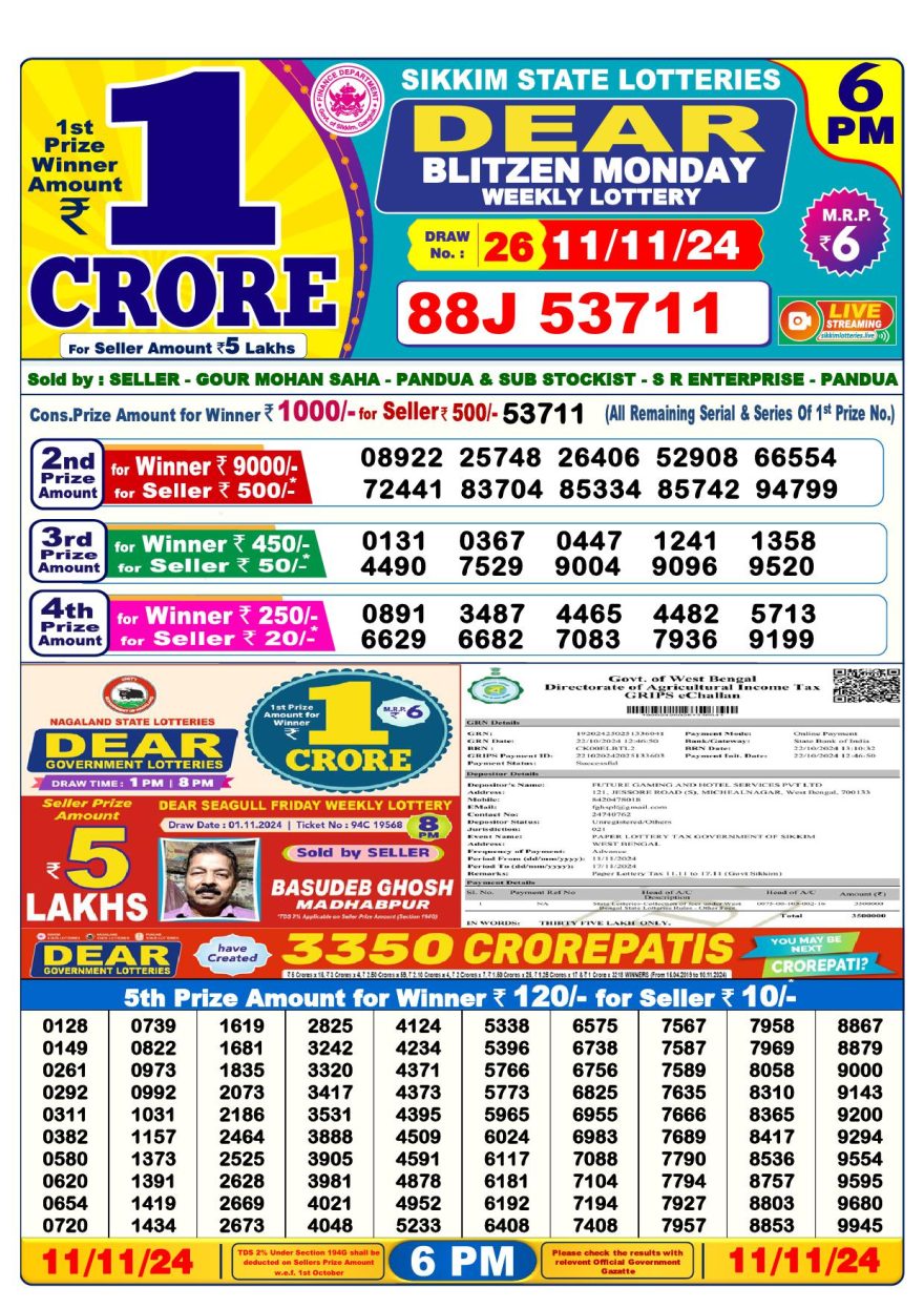 Lottery Result Today November 11, 2024