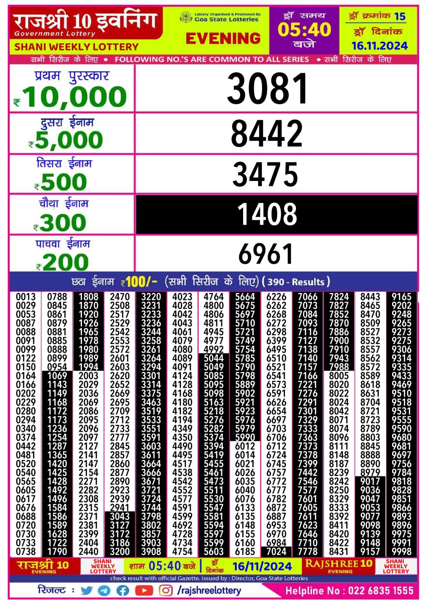 Lottery Result Today November 16, 2024