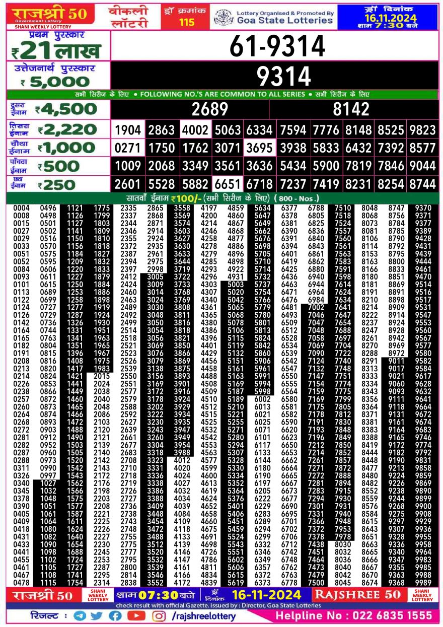 Lottery Result Today November 16, 2024