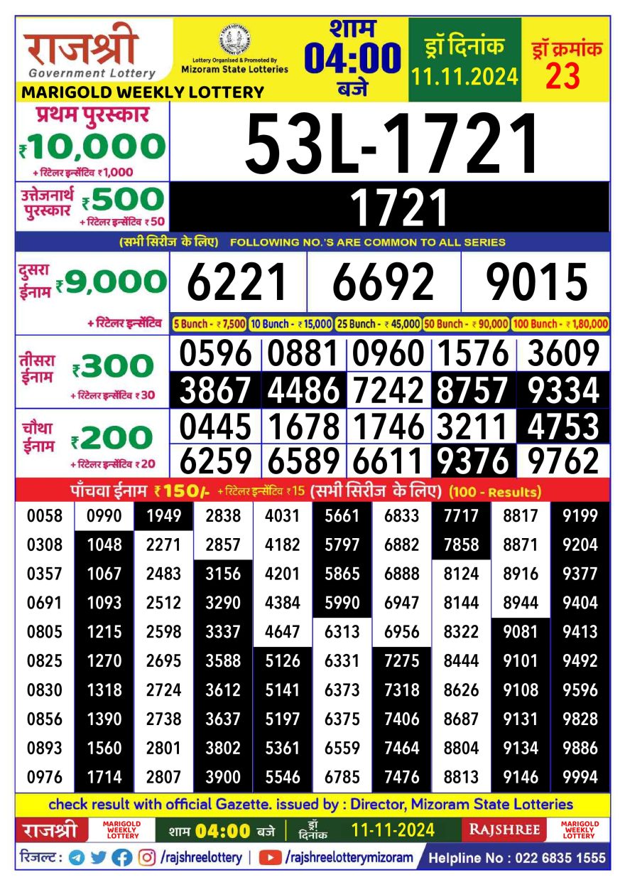 Lottery Result Today November 11, 2024