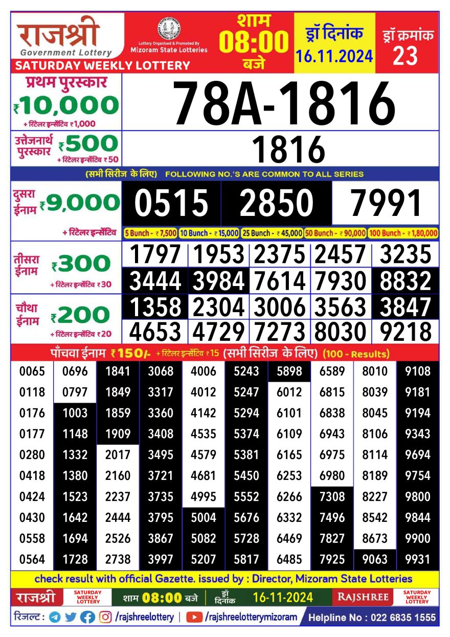 Lottery Result Today November 16, 2024