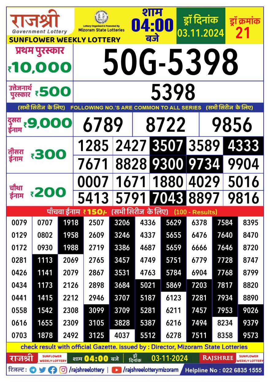 Lottery Result Today November 3, 2024