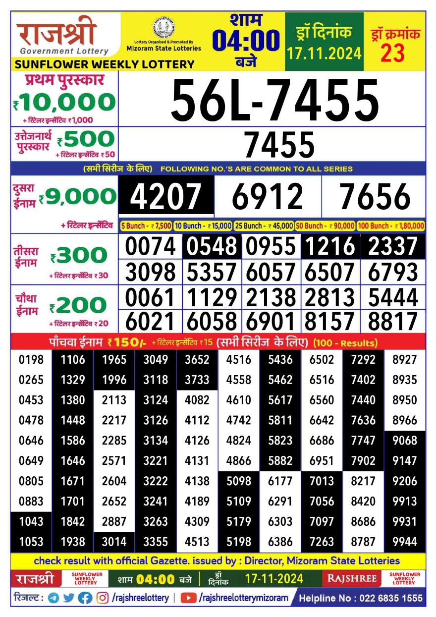 Lottery Result Today November 17, 2024