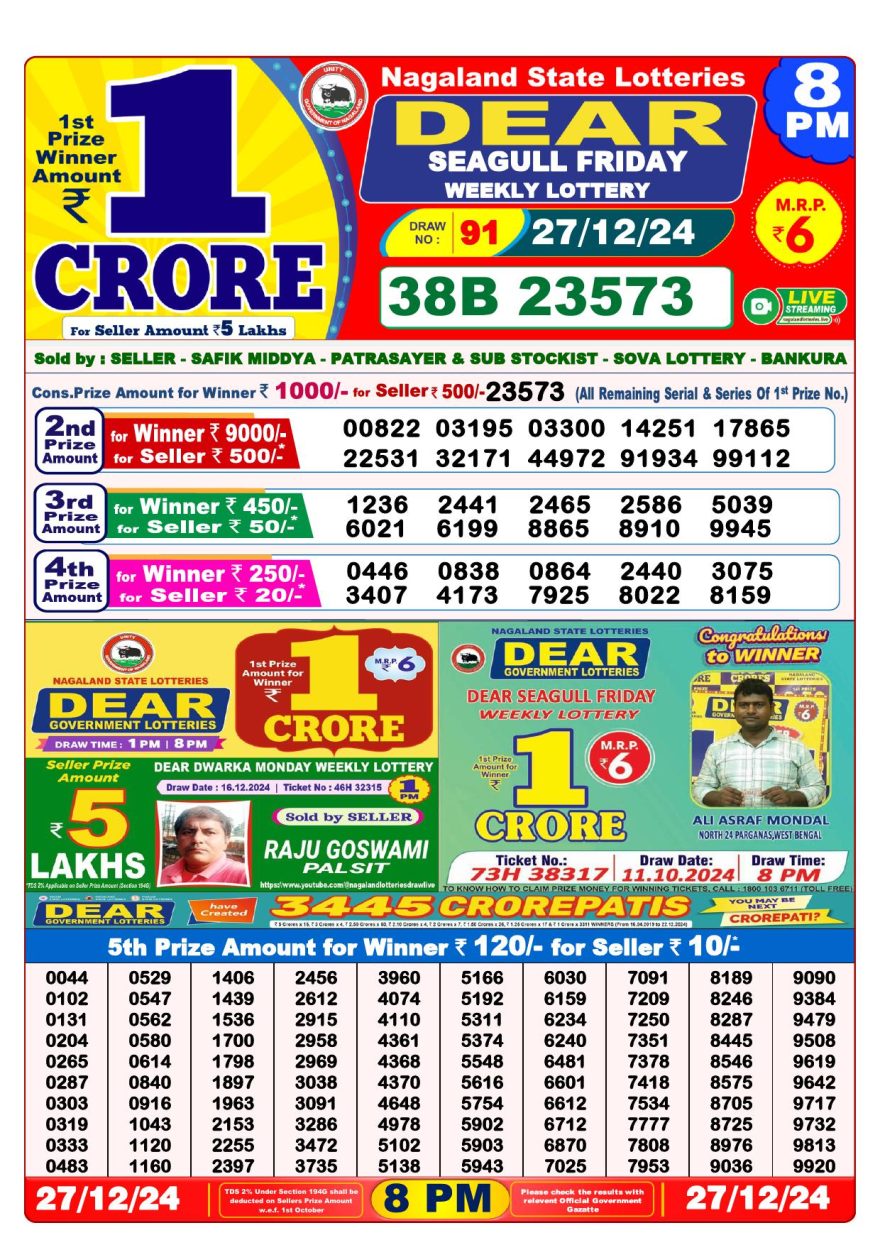 Lottery Result Today December 27, 2024