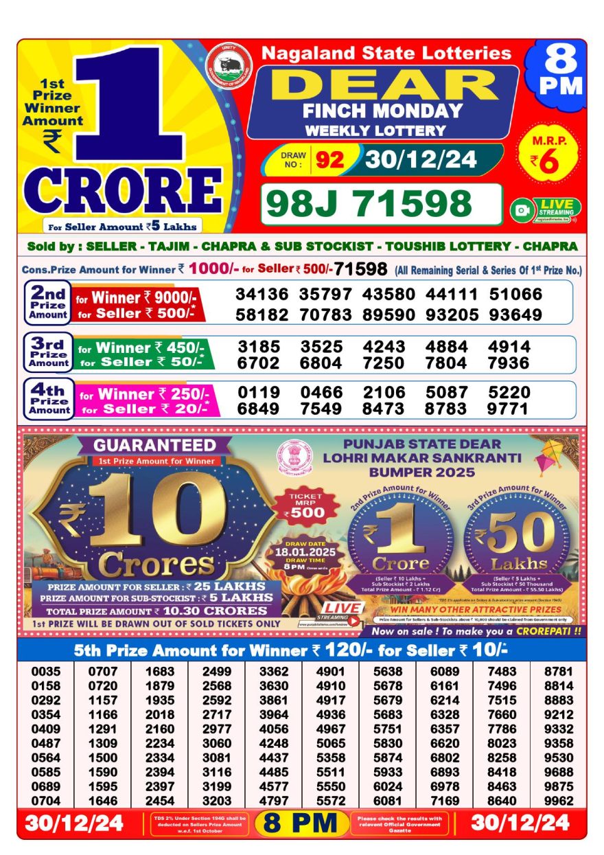 Lottery Result Today December 30, 2024