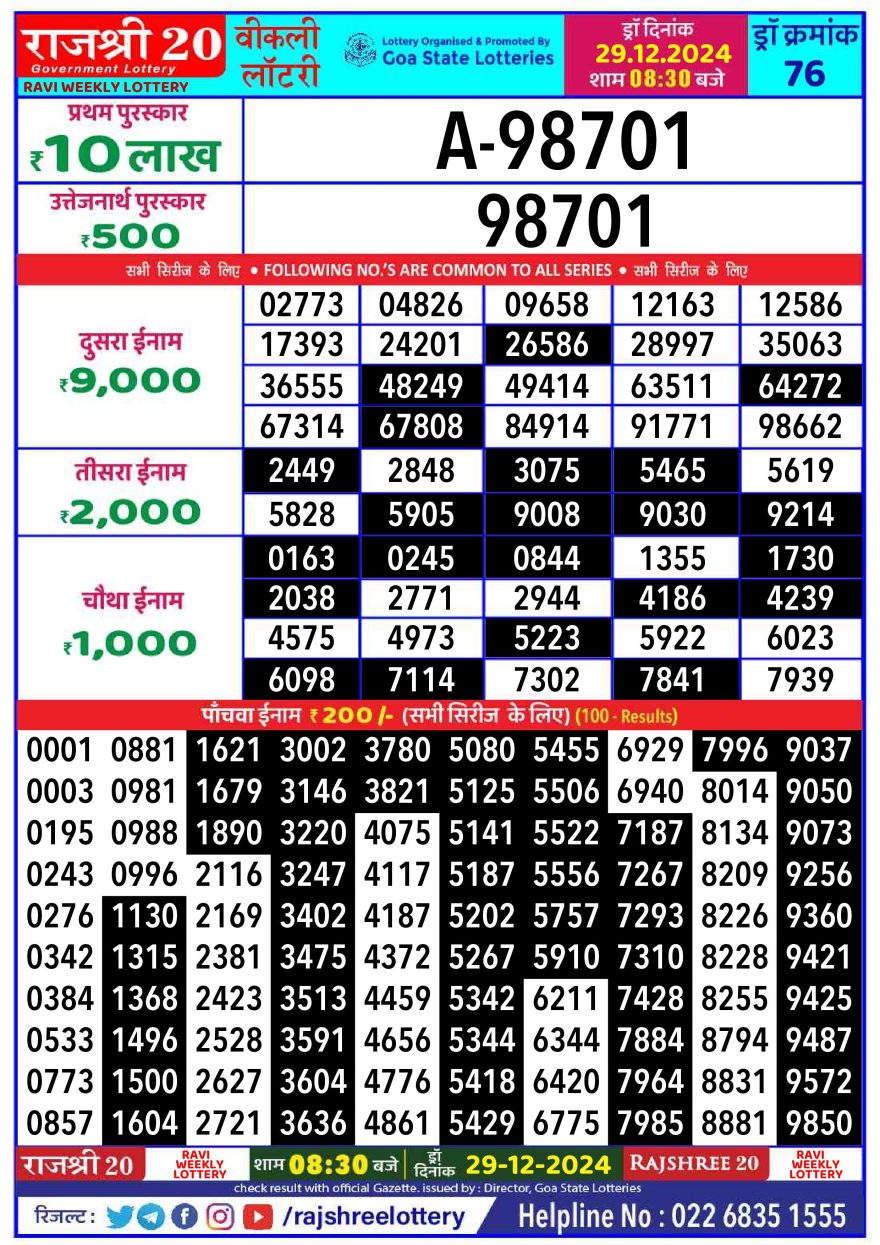 Lottery Result Today December 29, 2024