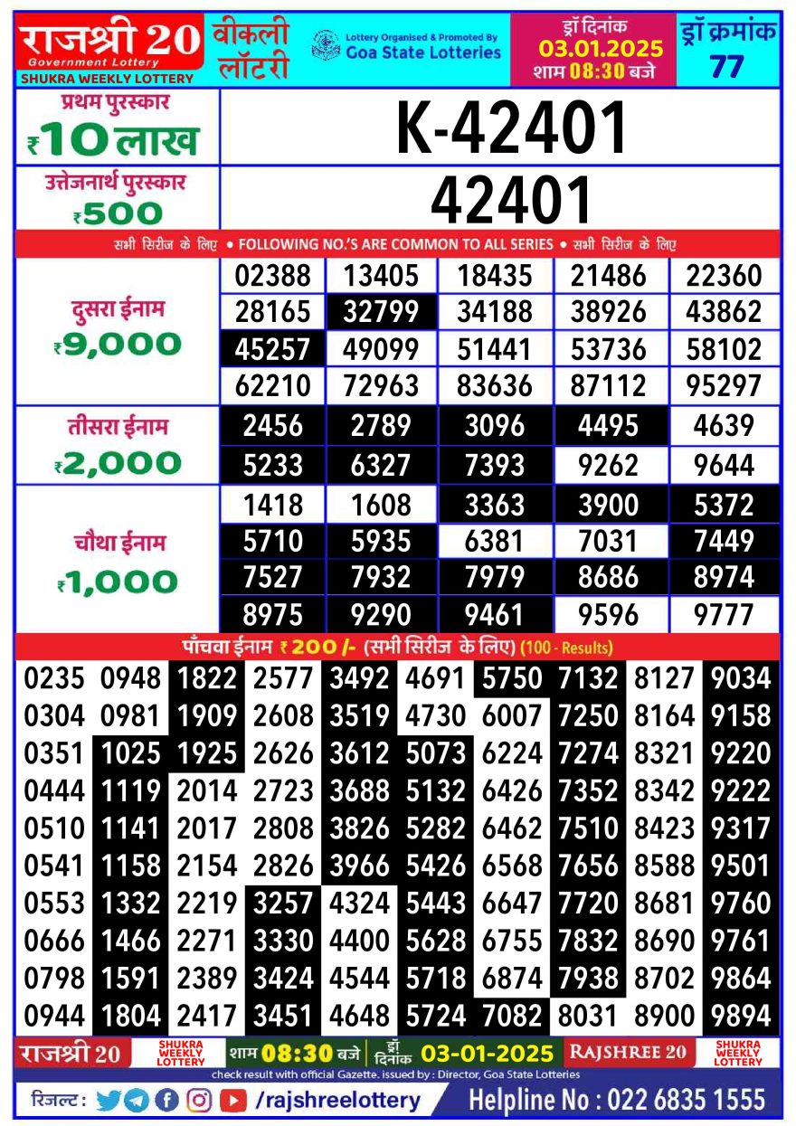 Lottery Result Today January 3, 2025