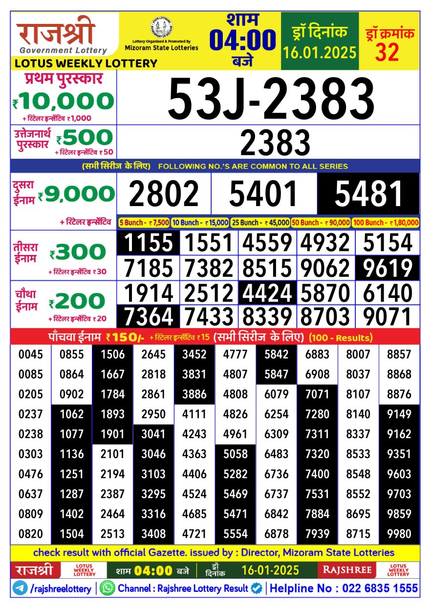 Lottery Result Today January 16, 2025