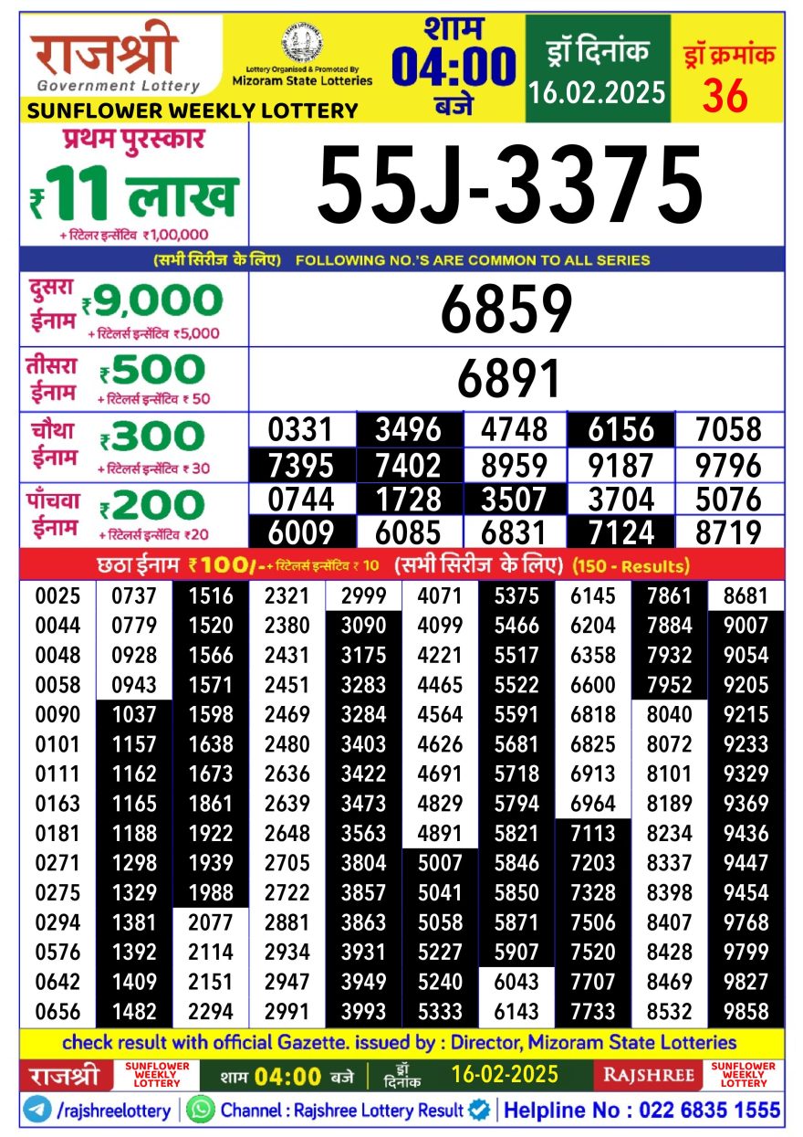 Lottery Result Today February 16, 2025